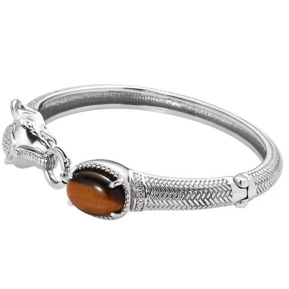 Tigers Eye 6.10 ctw Silver Bangle Bracelet Elephant Design 7.25 In New - Picture 4 of 6